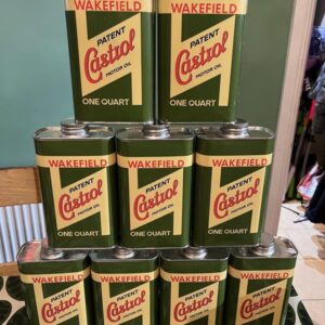 Pyramid of vintage Castrol oil cans