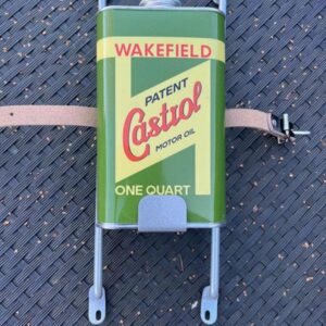 Vintage Castol oil can on a metal frame which can be fitted to a Lambretta 1 and 2 legshields