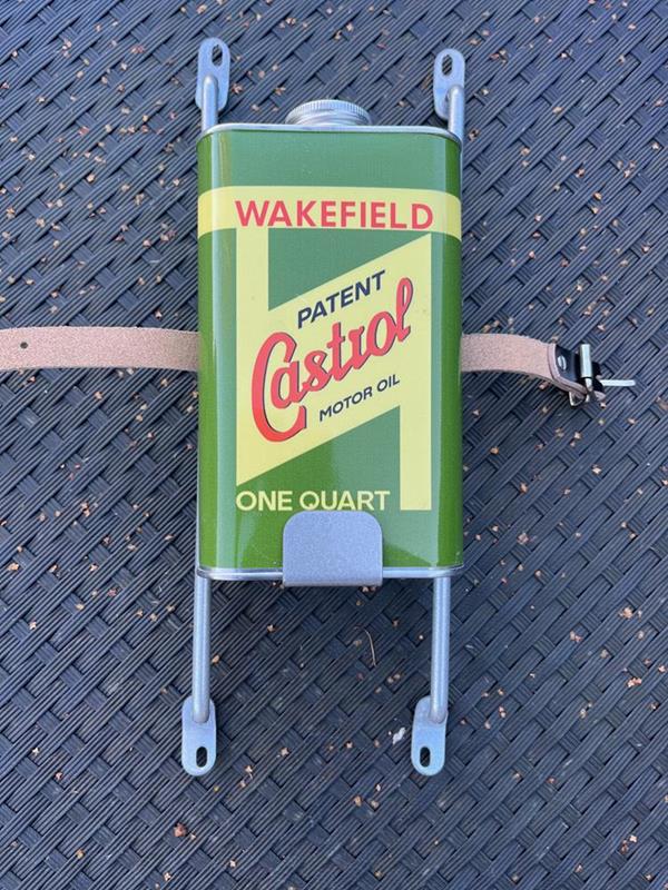 Vintage Castol oil can on a metal frame which can be fitted to a Lambretta 1 and 2 legshields