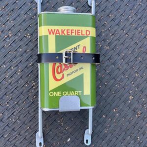 Vintage Castol oil can on a metal frame which can be fitted to a Lambretta 1 and 2 legshields