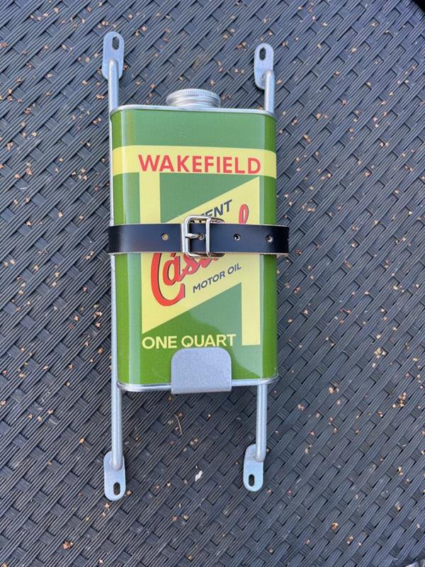 Vintage Castol oil can on a metal frame which can be fitted to a Lambretta 1 and 2 legshields