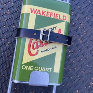 Vintage Castol oil can on a metal frame which can be fitted to a Lambretta 1 and 2 legshields