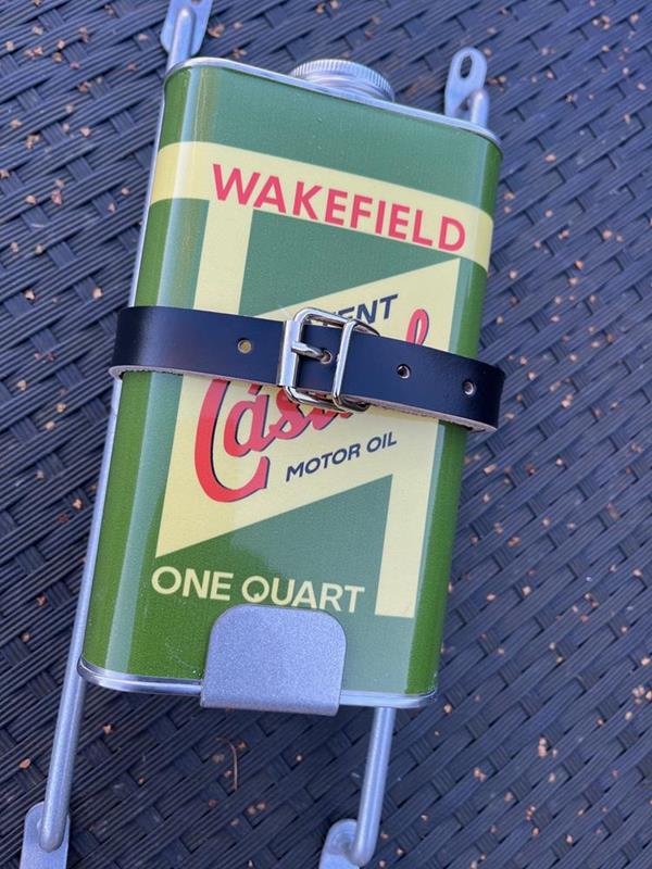 Vintage Castol oil can on a metal frame which can be fitted to a Lambretta 1 and 2 legshields