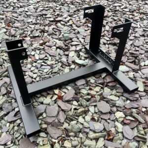 A black powder coated metal stand for a Vespa engine for use when building one