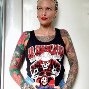 Model wearing a ladies Lambretta series 1 mutant vest in black with JB Fabrication logo