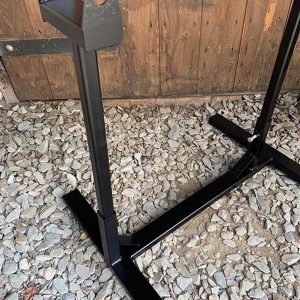 A custom made, black painted, heavy duty frame stand in 3 styles to fit Lambretta Series 1/2/3 models, as well as Vespa large and smallframes.