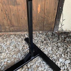 A custom made, black painted, heavy duty frame stand in 3 styles to fit Lambretta Series 1/2/3 models, as well as Vespa large and smallframes.