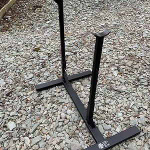 A custom made, black painted, heavy duty frame stand in 3 styles to fit Lambretta Series 1/2/3 models, as well as Vespa large and smallframes.