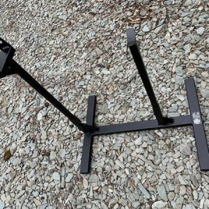 A custom made, black painted, heavy duty frame stand in 3 styles to fit Lambretta Series 1/2/3 models, as well as Vespa large and smallframes.
