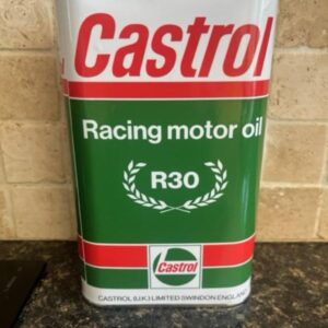 white, red and green Castrol Racing motor oil can