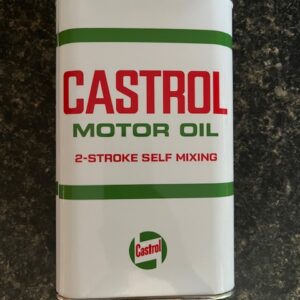 white, red and green Castrol 2-stroke self mixing motor oil can