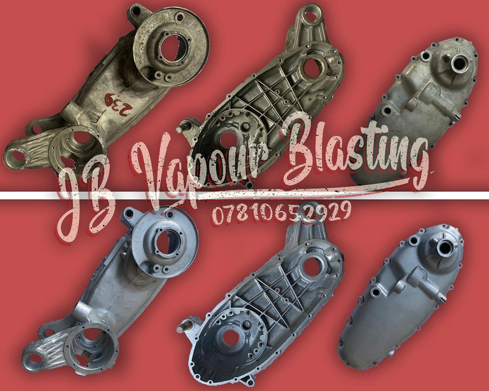 Before and after shots of a Lambretta engine casing which has been vapour blasted