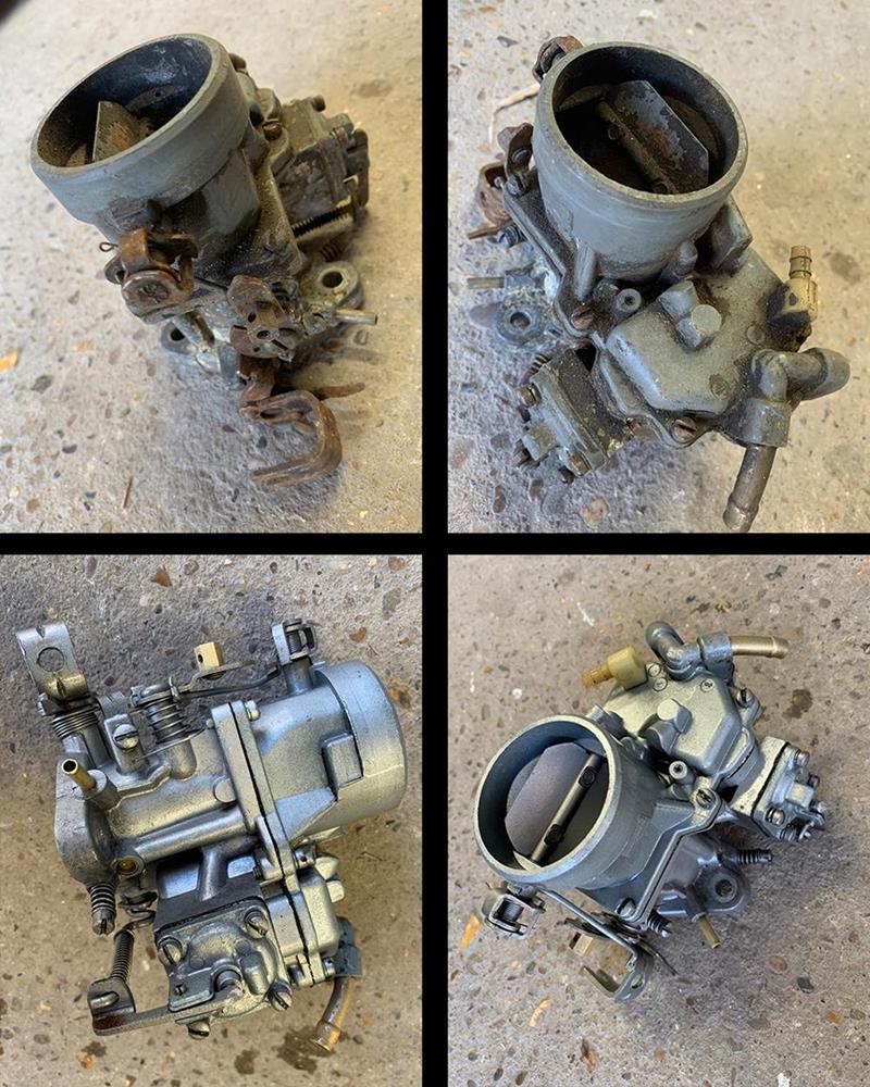 Before and after shots of a carburettor which has been vapour blasted