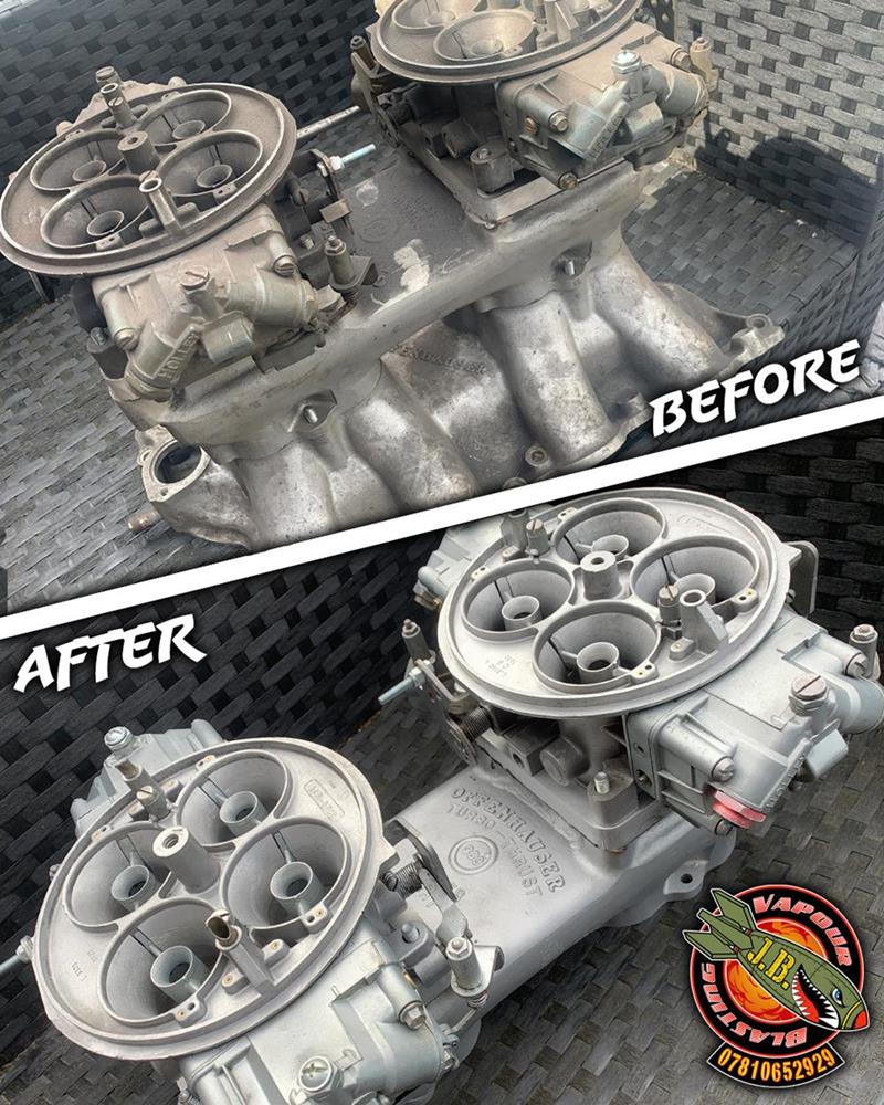 Before and after shots of an engine which has been vapour blasted