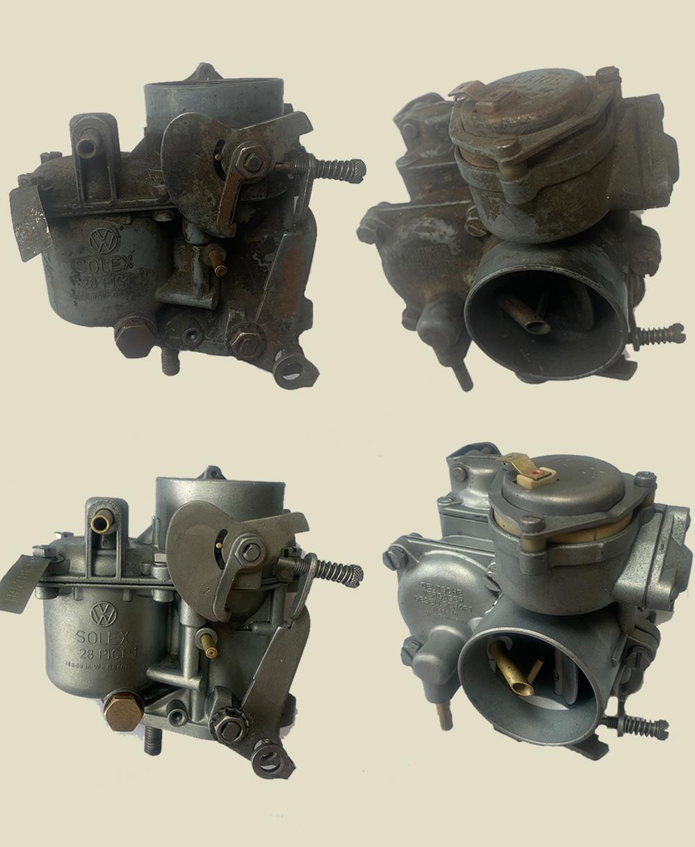 Before and after shots of a carburettor which has been vapour blasted