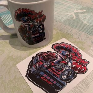 White mug with Eddie Kidd design with sticker and same design, on a motorbike designed by Ryan Lightfoot