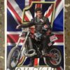 Sticker featuring a real life photo of Eddie Kidd with a stunt motorbike with a union jack background.