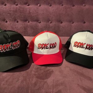 Three Eddie Kidd trucker caps in black, red and white, and black and white.