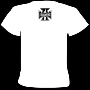 Rear view of a white t-shirt featuring the JB Fabrication logo.