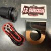 An in-car charger mount showing all the parts including the mount, chrome metal fitment, coiled cable and JB Fabrication sticker.